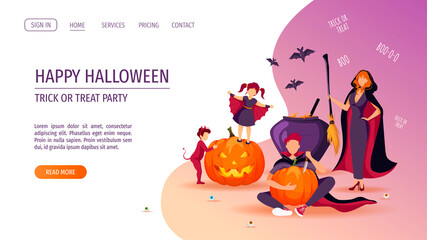 Websit design for Halloween with happy family dressed in costumes. Witch with broom and cauldron, man in cloak, imp, bats, scary pumpkins. Vector illustration for poster, banner, web page.