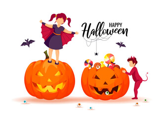 Halloween card design with children dressed in costumes of imp and bat, scary pumpkins with candies, 
web and spider. Vector illustration for poster, banner, cover, postcard, card.