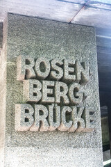Stone inscription of Rosenbergbrücke, two-hinged arch bridge in Heilbronn, Baden-Württemberg, Germany