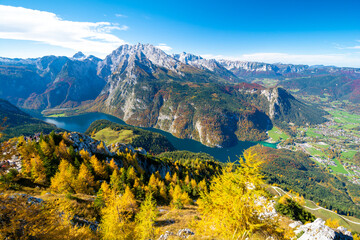 view on Watzmann mountain and Königssee lake from Jenner mountain in Berchtesgaden National Park during autumn, Bavarian Alps, Germany