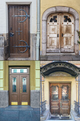 Old wooden doors with beautiful metal and wood trim in the historical part of various European cities