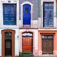 Old wooden doors with beautiful metal and wood trim in the historical part of various European...