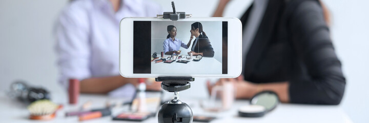 Woman Blogger is present tutorial beauty cosmetic product and broadcast live streaming