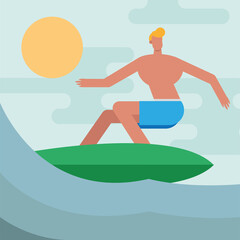 young man wearing swimsuit surfing character