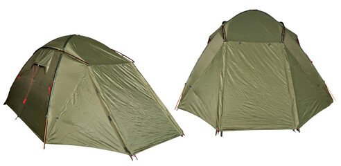 Green tourist tent isolated on a white background. Tent from different angles. © Ivan