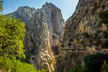 The Caminito del Rey pathway approaches the narrowest section of the Gaitanejo river gorge near...