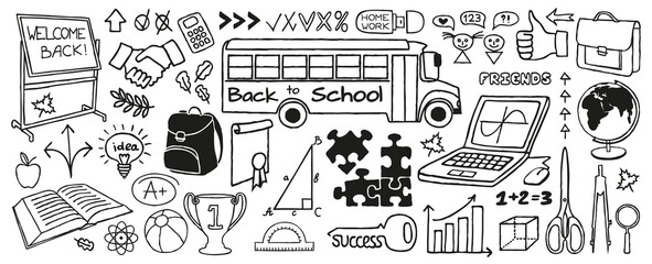 Back to School doodles banner, hand drawn with thin line