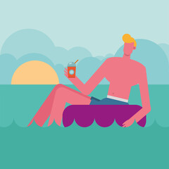 young man wearing swimsuit relaxing in float character