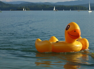 Dmuchana pomarańczowa kaczka do pływania, na  jeziorze, w oddali jachty, łódki, wzgórza...