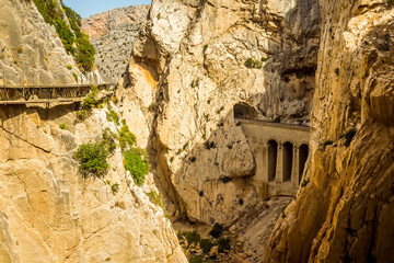 A view of the Caminito del Rey pathway and the railway line on either side of the Gaitanejo river...