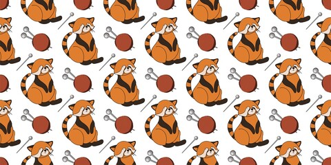 CUTE SEAMLESS AUTUMN PATTERN. AUTUMN ANIMALS. Hello, Autumn. CHILDREN'S ROOM AND TEXTILE DESIGN. RED PANDA ON A WHITE BACKGROUND