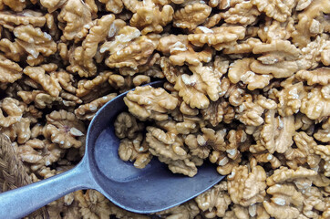Peeled walnuts and shovel to serve