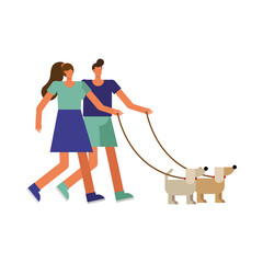 young couple walking with dog sport characters