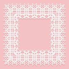 White lace frame of square shapes. Openwork edges of the napkin isolated on a pink background.