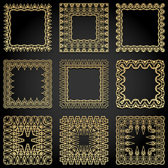 Square frames collection. Trendy golden Art Deco style design elements. Retro geometric lines Isolated on black background.