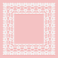 White lace frame of square shapes. Openwork vintage elements isolated on a pink background.