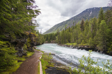 Fototapeta na wymiar Hiking trail along McDonald Creek and mountain background 