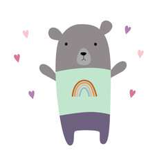 Cute Teddy bear. Vector flat illustration. Cartoon bear. Bear with a rainbow on a t-shirt. Hand drawn vector illustration for posters, cards, t-shirts.
