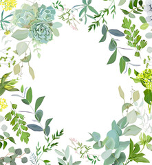 Herbal mix square vector frame. Hand painted plants, branches, leaves, succulents and flowers on white background