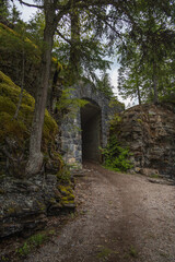Hiking trail thru tunnel in Glacier National Park