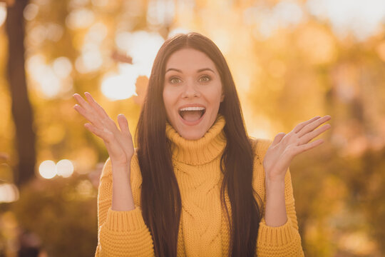 Hello autumn first september. Surprised crazy girl impressed sunny weather on park woods forest outdoors rest relax holiday wear knitted pullover