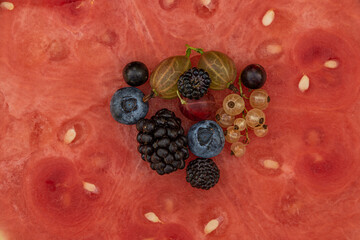 Mixed color garden fruit on red seedless water melone