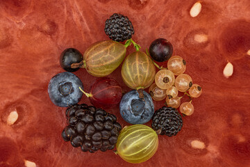Mixed color garden fruit on red seedless water melone