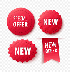 New Collection Offer Tags and Labels. Red ribbon Banners isolated on white background. Vector Promo Badges For Any Design Projects
