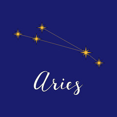  Aries constellation astrology vector illustration with hand lettering inscriprion. Horoscope zodiac symbols made of yellow stars and lines isolated on dark blue background.