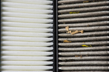 Close up macro of new and old cars' air filter surfaces