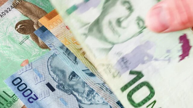 Hand counting money.Costa Rica all paper banknotes, Currency name Colones. Banknotes put on the table
