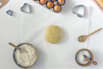 Homemade baking process step by step, ingredients and dough kneading steps, top view, flat lay