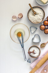 Homemade baking process step by step, ingredients and dough kneading steps, top view, flat lay