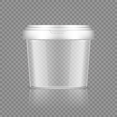 Empty transparent bucket with cap mockup for ice cream, yoghurt, mayonnaise, paint, or putty container. Plastic package design. Blank food or decor product template. 3d vector illustration