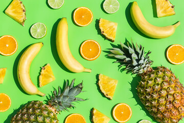 Tropical exotic fruit pattern with lime, orange, banana, pineapple