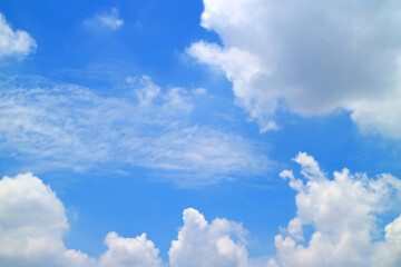 Naklejka na ściany i meble Beautiful bright blue sky with white cumulus clouds