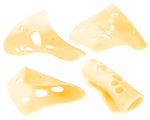 Set of pieces of cheese flying in the air on a white background. Levitating Cheese