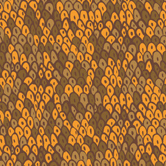 Orange and brown seamless vector doodle pine cone scales texture pattern. Surface print design for fabrics, stationery, and packaging.