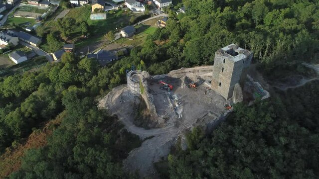 Old castle in village of El Bierzo in Leon,Spain. Aerial Drone Footage