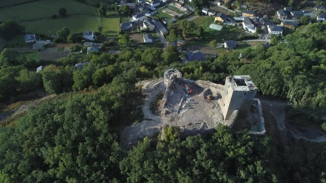 Old castle in village of El Bierzo in Leon,Spain. Aerial Drone Footage