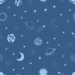 Space seamless pattern design hand-drawn on blue background. Space, universe, moon, falling stars, planets - fabric wrapping, textile, wallpaper, apparel design.	