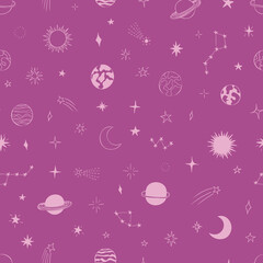 Fototapeta na wymiar Space seamless pattern design hand-drawn on pink background. Space, universe, moon, sun, falling stars, planets - fabric wrapping, textile, wallpaper, apparel design. 