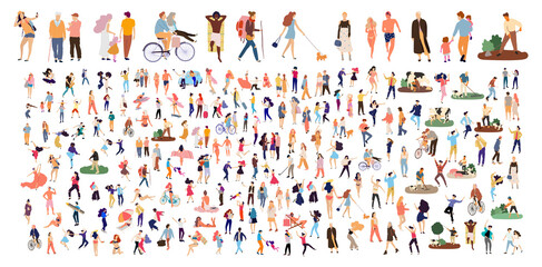 Crowd of flat illustrated people. Dancing, surfing, traveling, walking, working, playing people set. Vector big set