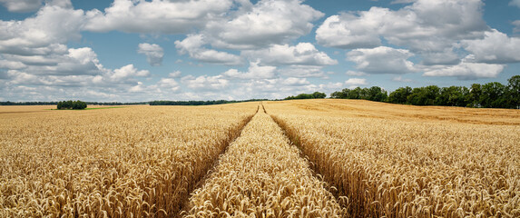 Panoramic view of a wheat field on a sunny day, rural background with copy space