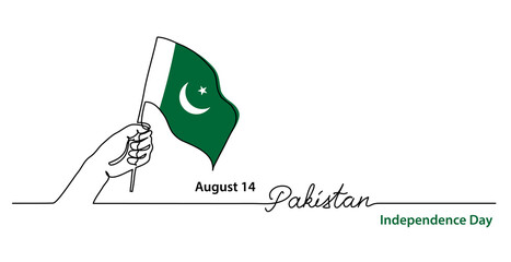 Pakistan independence day simple web banner, background with flag and hand. One continuous line drawing with lettering Pakistan.