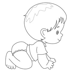 Pretty Crawling Baby Kid Isolated. Socialization, Infancy. Diapers. Black and white vector illustration for coloring book. crawl.
