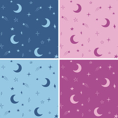 Moon and stars vector seamless pattern design hand-drawn on pink and blue background. Space, universe, moon, falling stars - fabric wrapping, textile, wallpaper, apparel design.	
