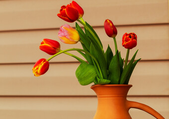 A bouquet of Tulip flowers in a clay vase, outdoors.