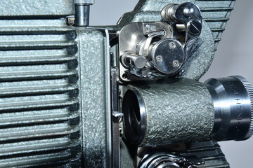 16mm Projector close-up of the film gate, mechanism, and back of lens