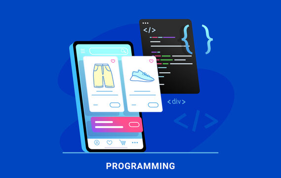 Coding e-commerce mobile app for online store. Flat vector illustration of e-commerce website or app programming css script and preview on smartphone screen behind. Application developement process